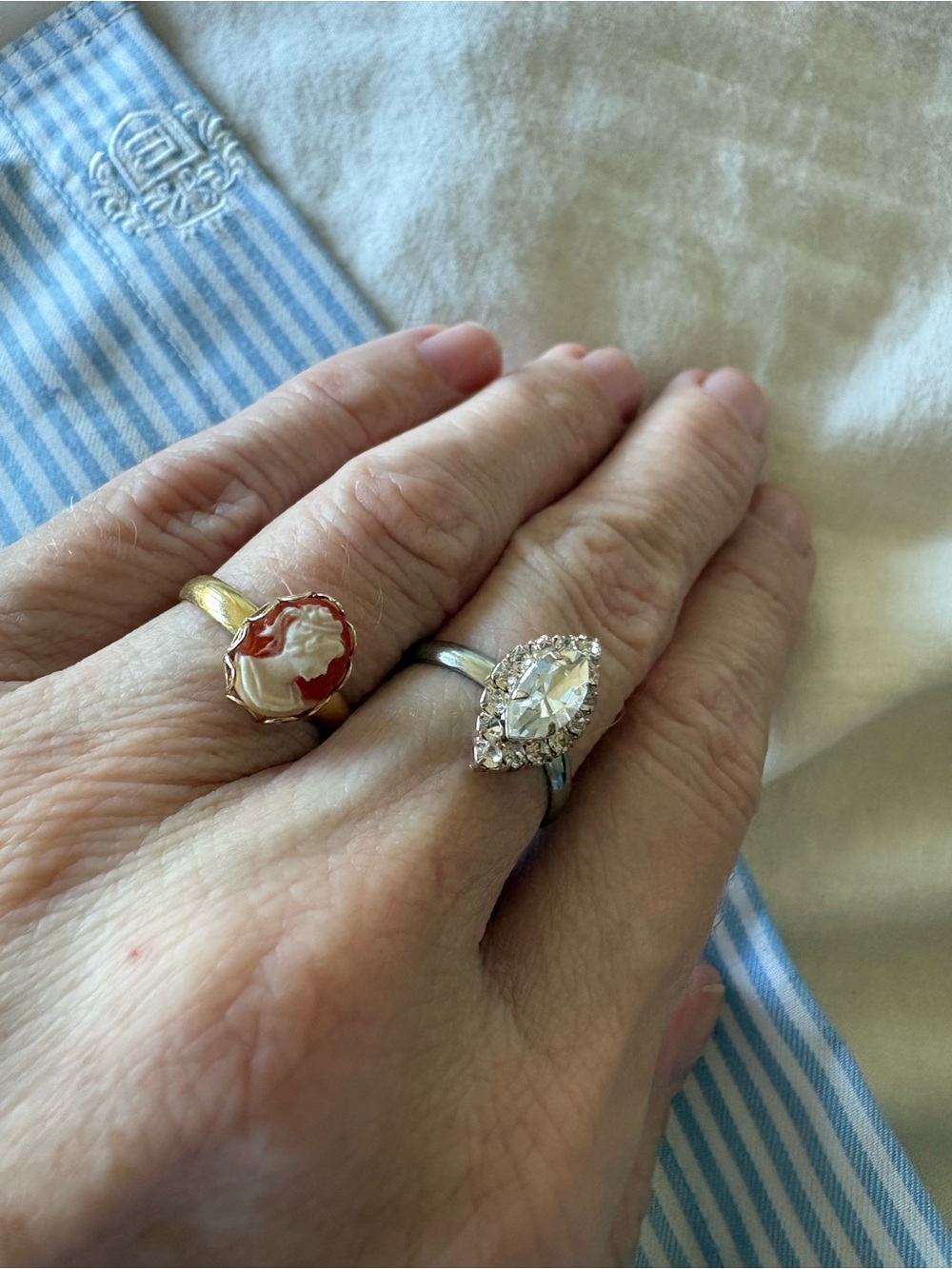 Set of two rings made from vintage clip earrings. Size adjustable.